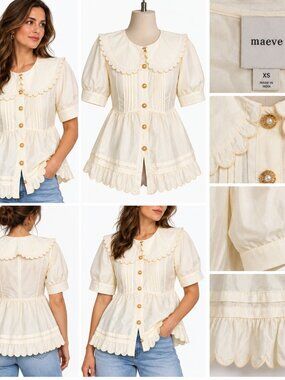 Maeve XS Ivory Scallop Collar Puff Sleeve Peplum Blouse Cottagecore Romantic